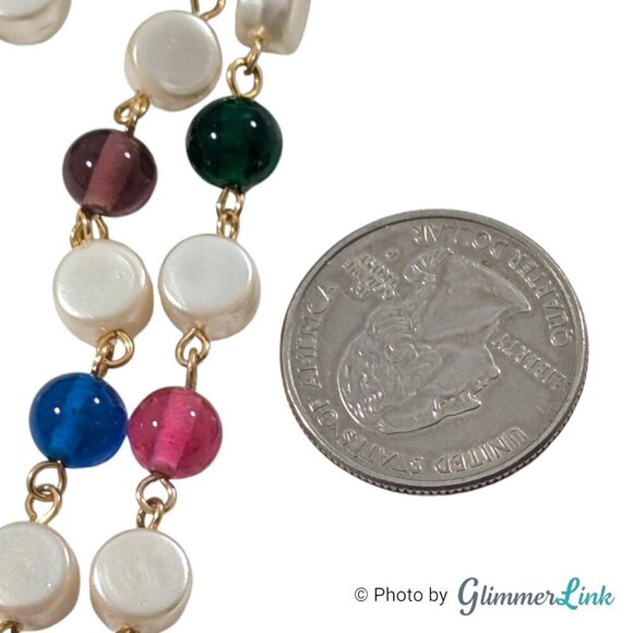 Vintage Long Multicolor Beaded Wire Faux Pearl Flapper Style Gold Tone Necklace - Picture 10 of 11